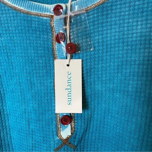 Sundance Gentry Henley Waffle Knit Drop Shoulder Teal Long Sleeve Top NWT - Picture 4 of 11